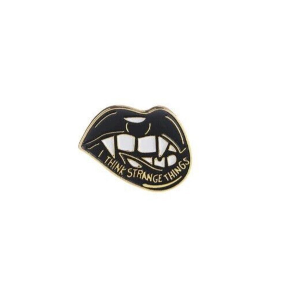 5/$20 I Think Strange Things Black Vampire Teeth & Lips Lapel Pin